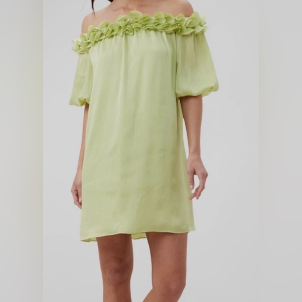 Trina Turk Womens Green Gateway Ruffle Off-Shoulder Shift Mini Dress Sz#XL